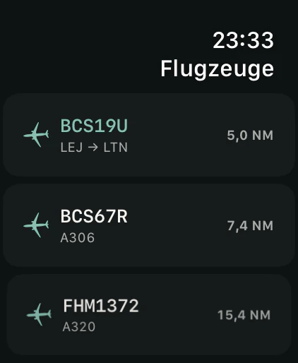 Liste naher Flugzeuge auf der Apple Watch