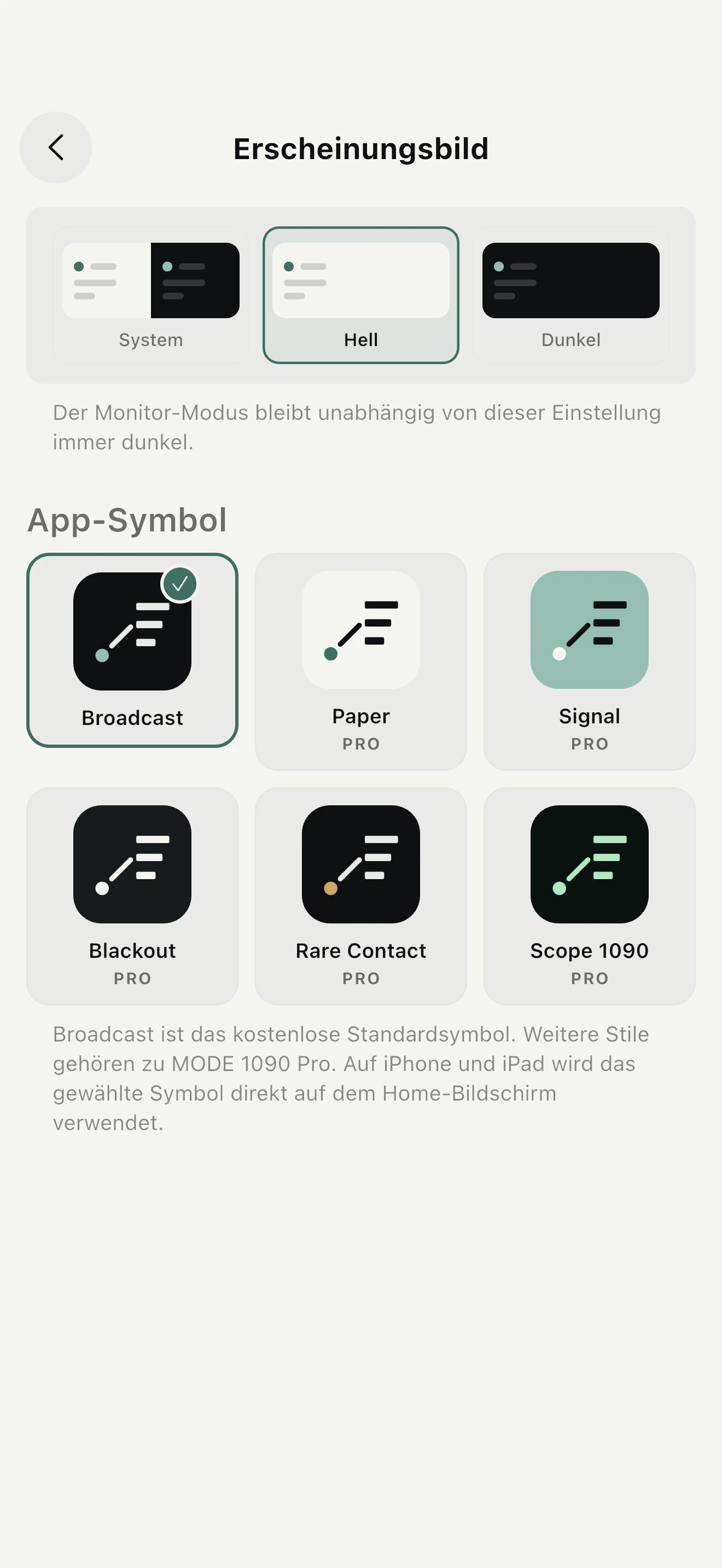 Darstellung und alternative App-Symbole in MODE 1090