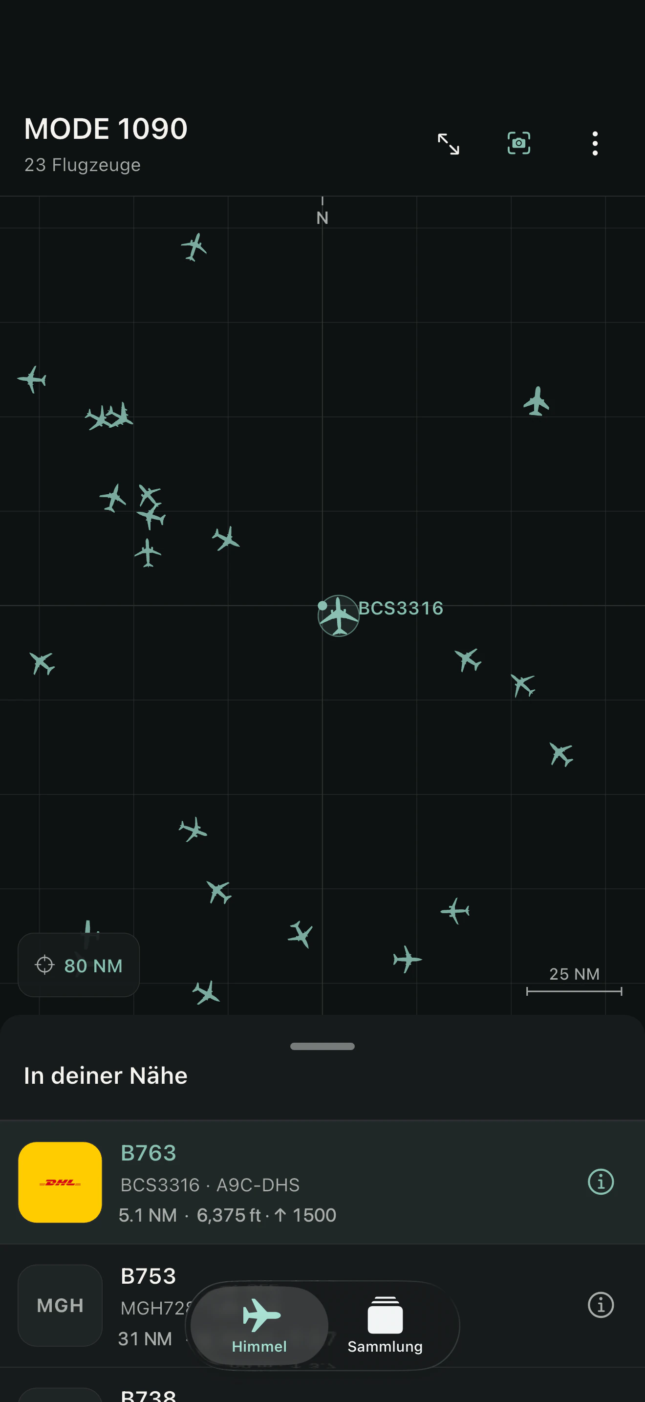MODE-1090-Live-Radar mit Flugzeugen in der Nähe auf dem iPhone