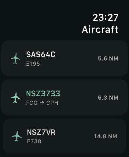 Nearby aircraft list on Apple Watch