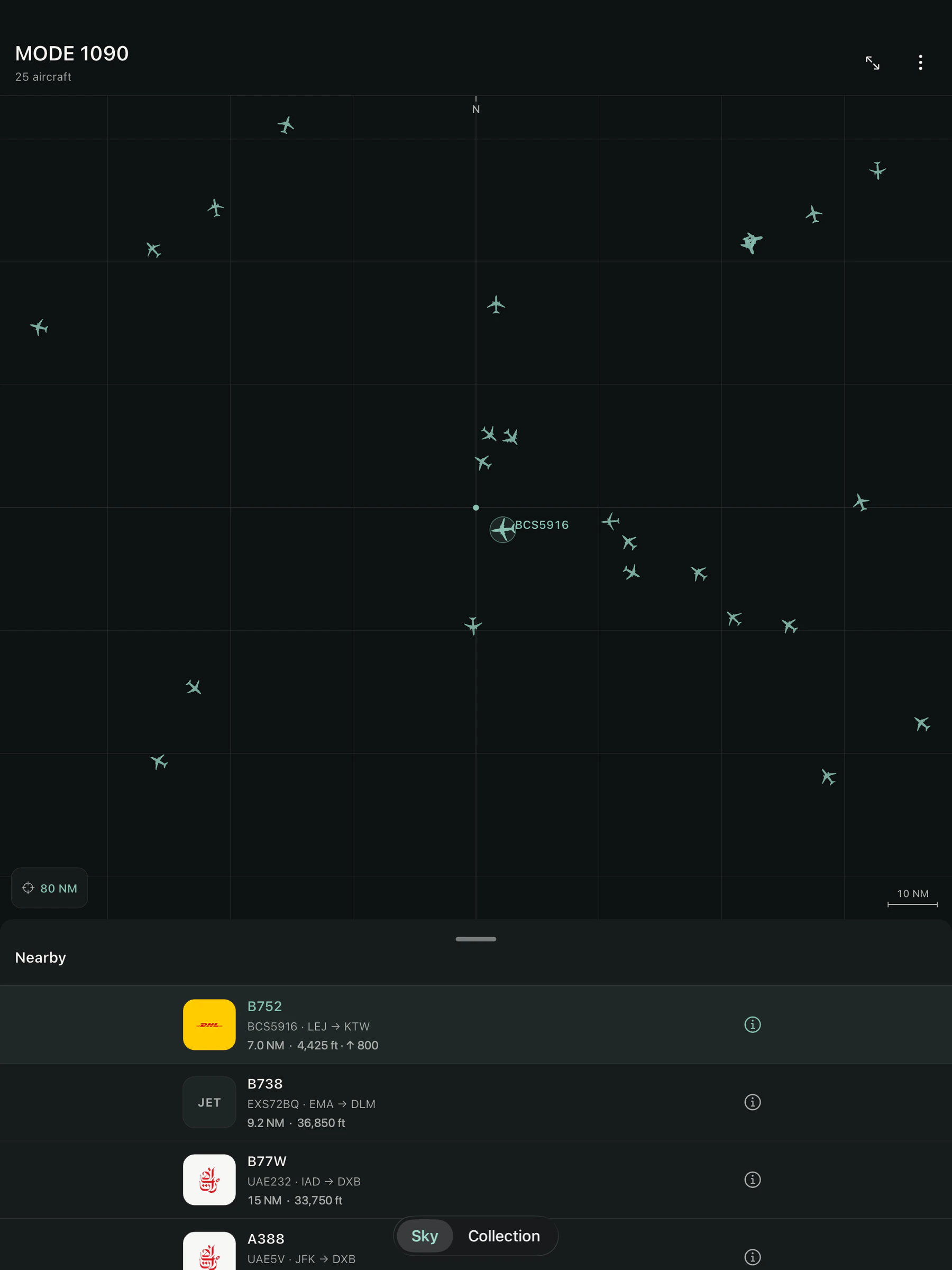 MODE 1090 live radar and nearby list on iPad