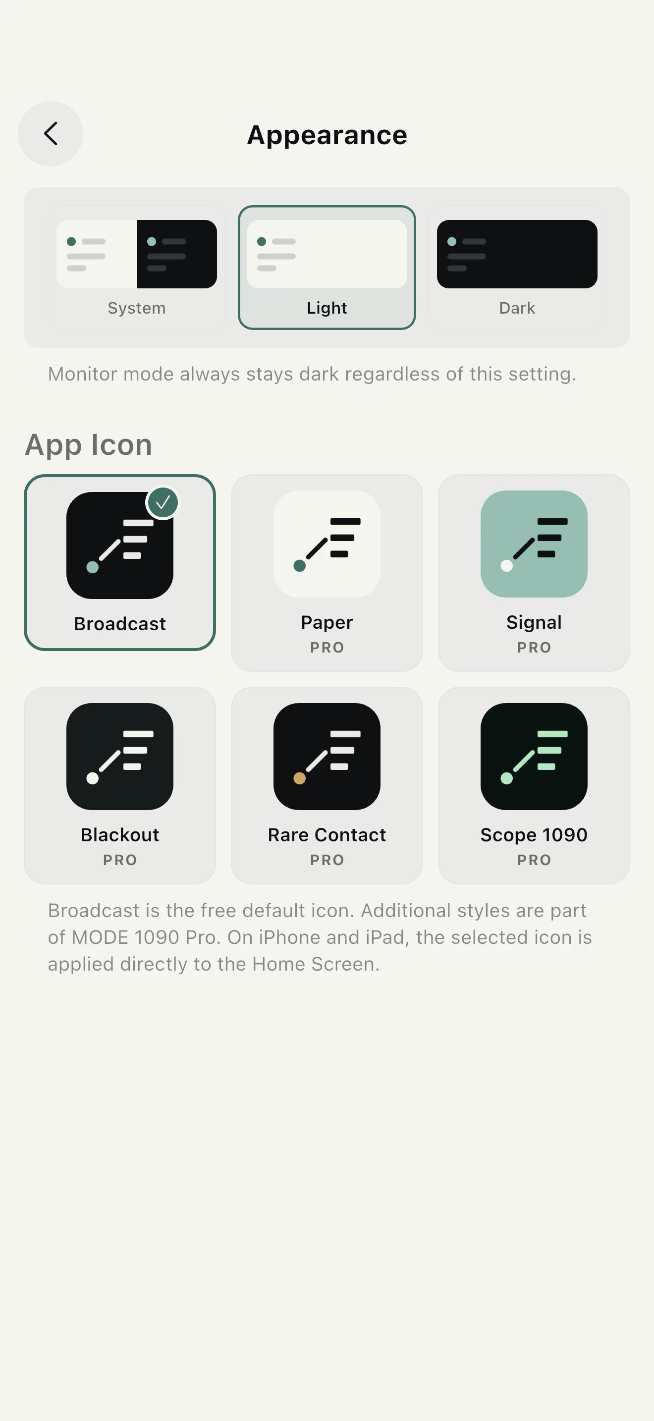 MODE 1090 appearance and alternate app icon choices