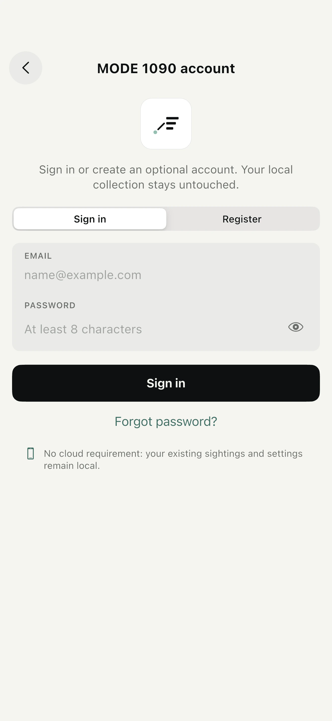 MODE 1090 email account screen