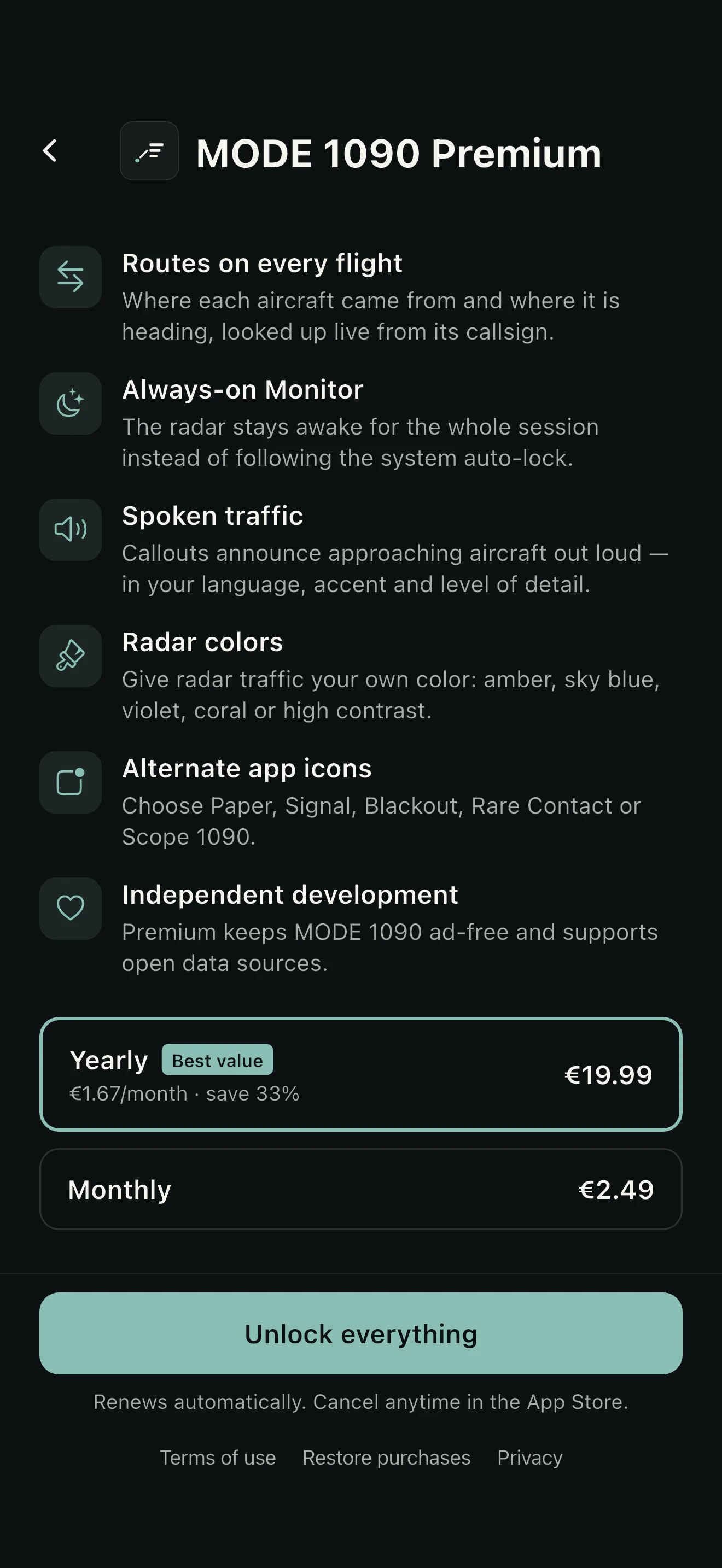 MODE 1090 Premium subscription screen