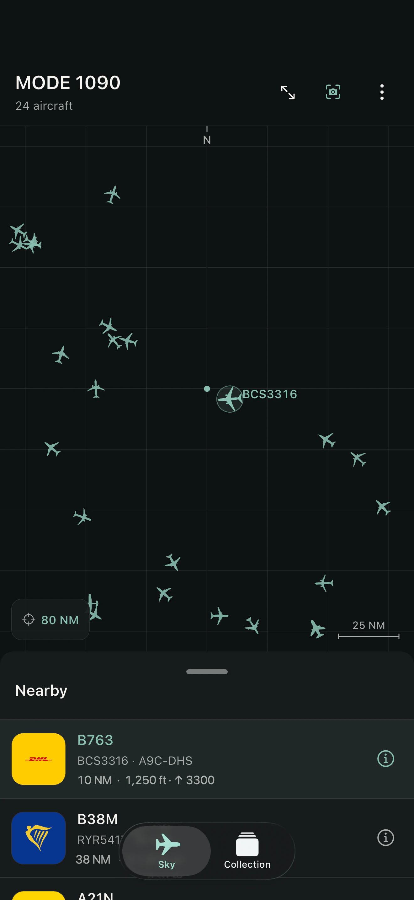 MODE 1090 live radar with nearby aircraft on iPhone