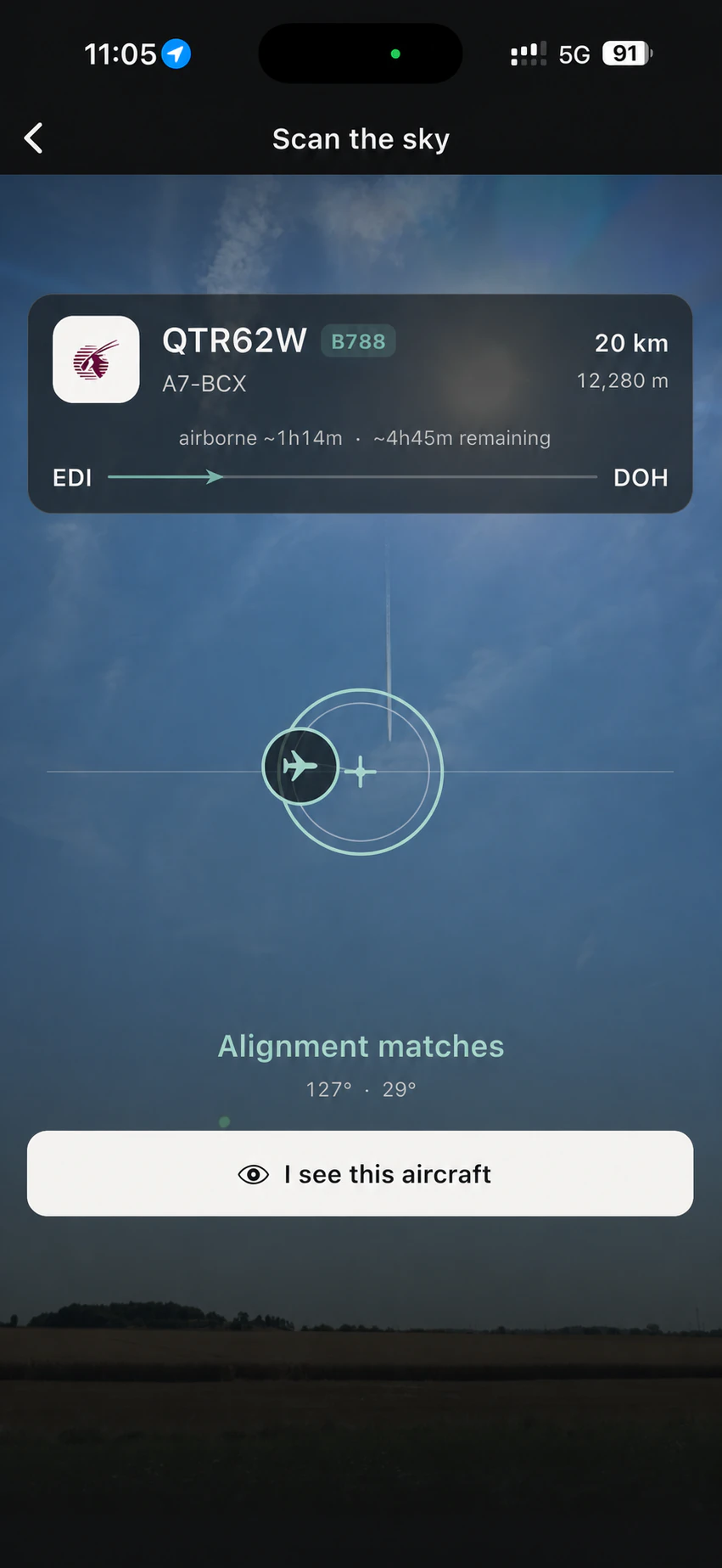 Sky Scanner aligned with a visible aircraft