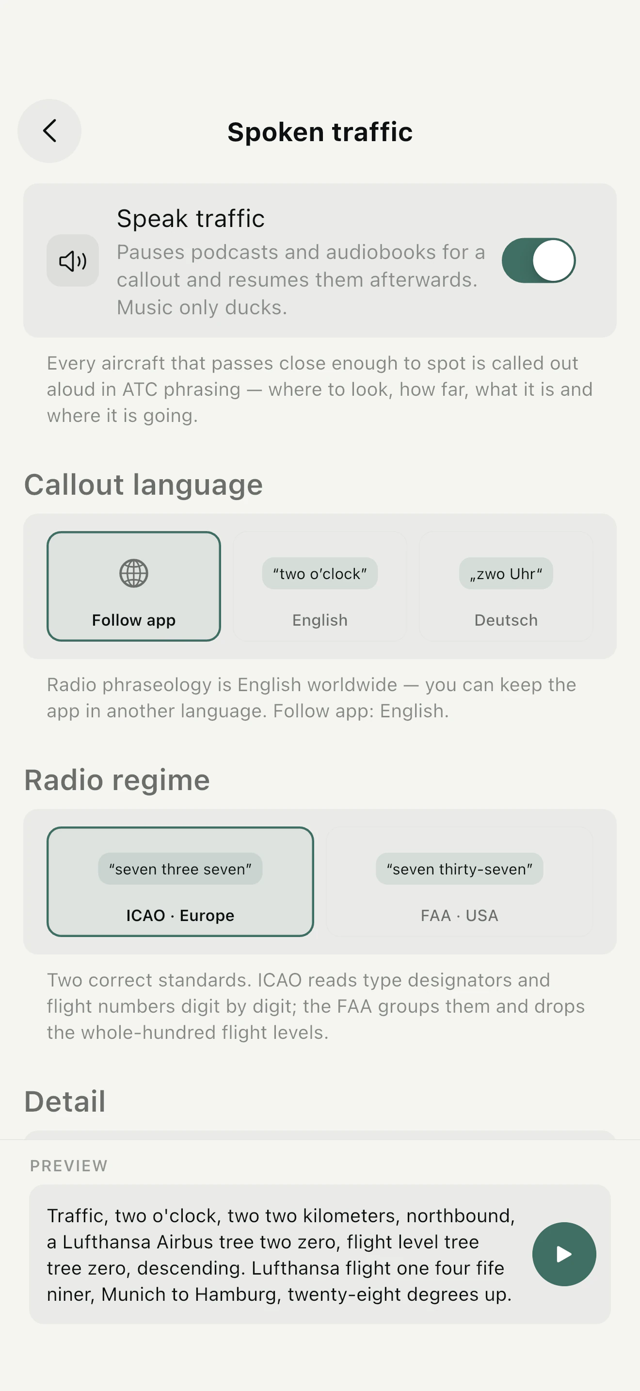 Spoken traffic settings with language and delivery options