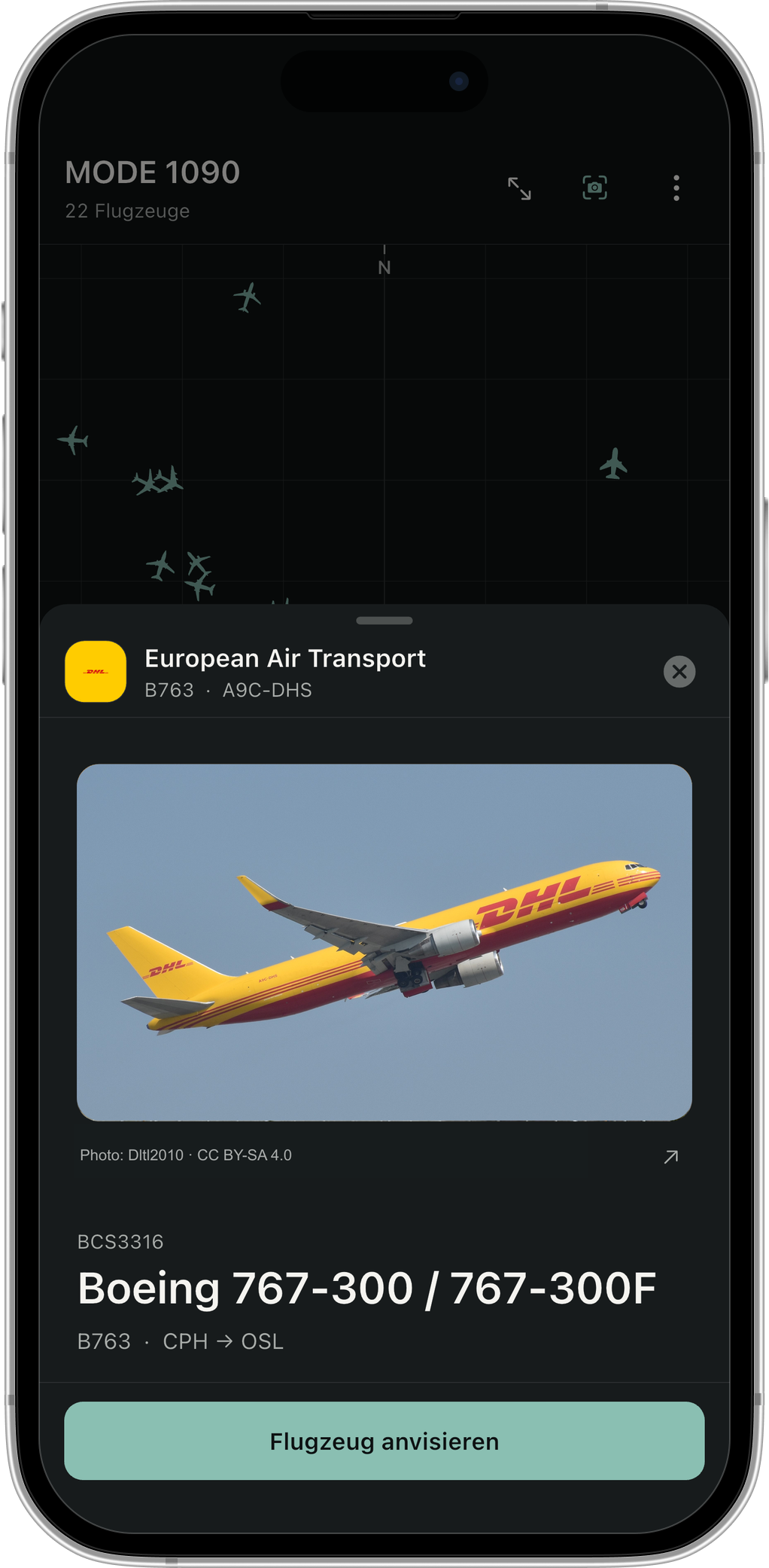 Flugzeugdetails zu A9C-DHS in MODE 1090