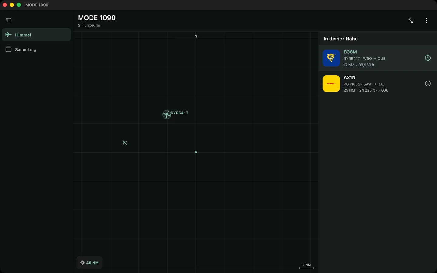 Live-Radar von MODE 1090 auf dem iPad und dem Mac
