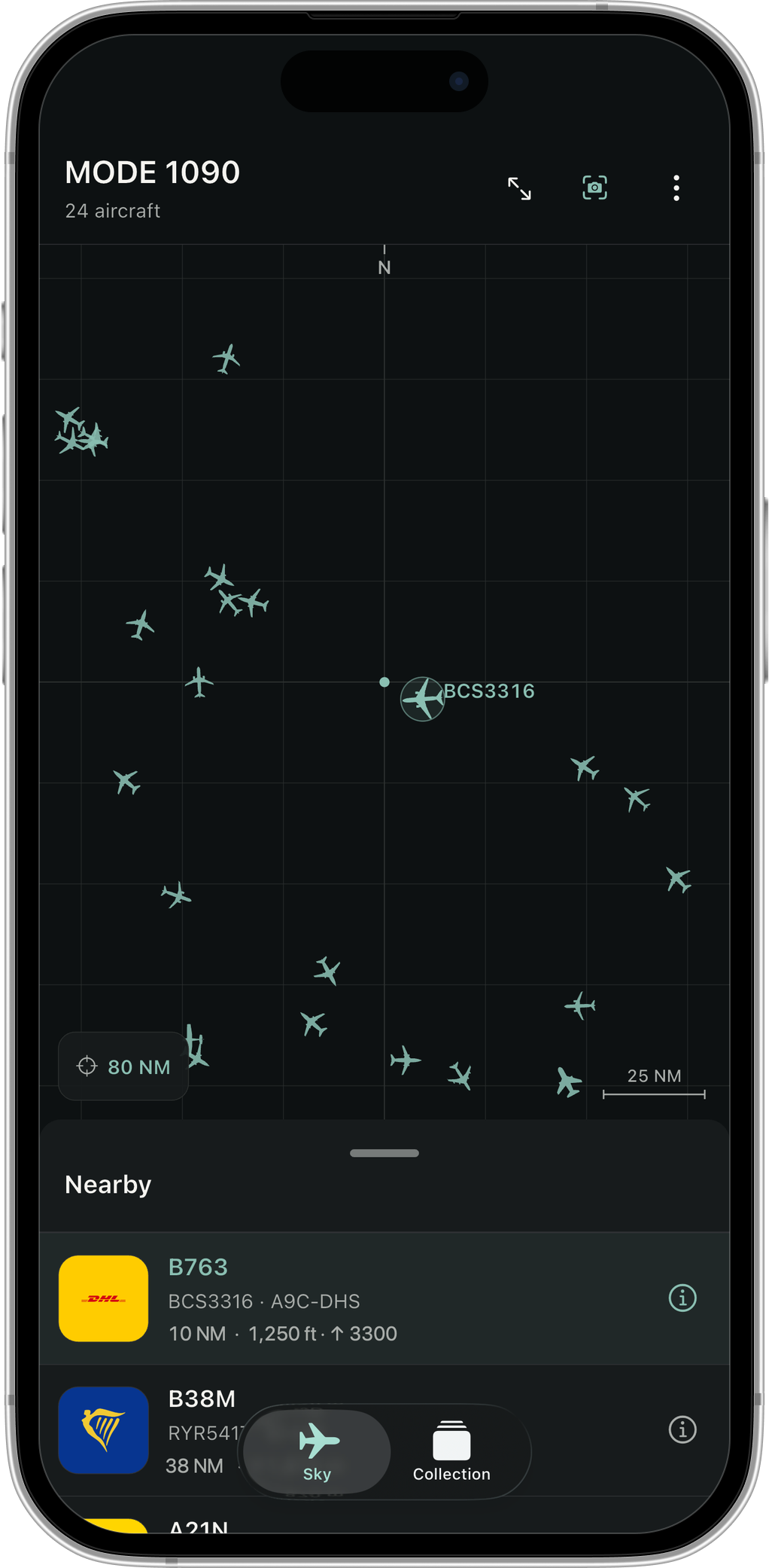 MODE 1090 live radar on iPhone