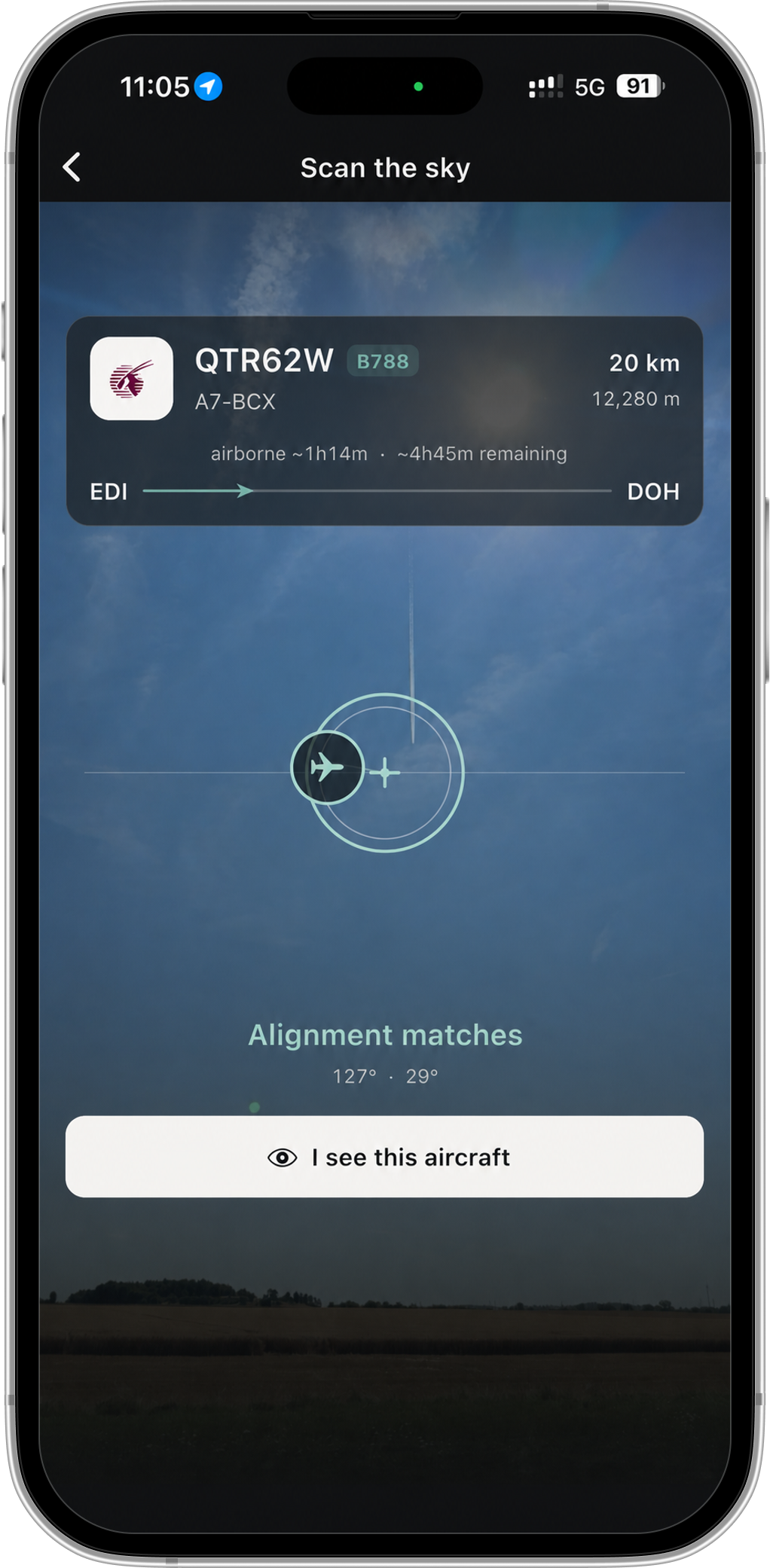 MODE 1090 aligns the iPhone camera with a live aircraft
