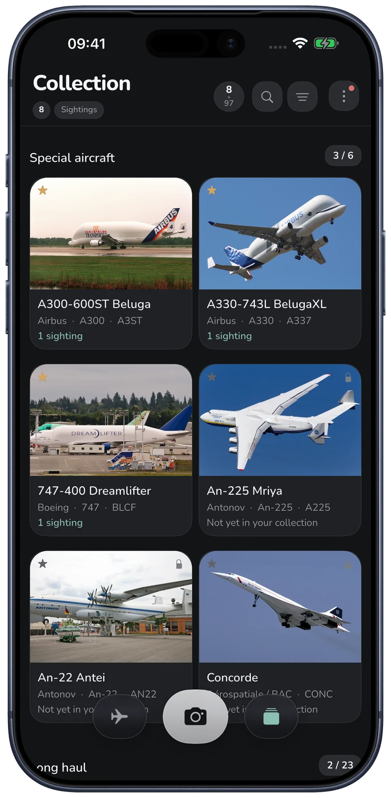 Collection of spotted aircraft types
