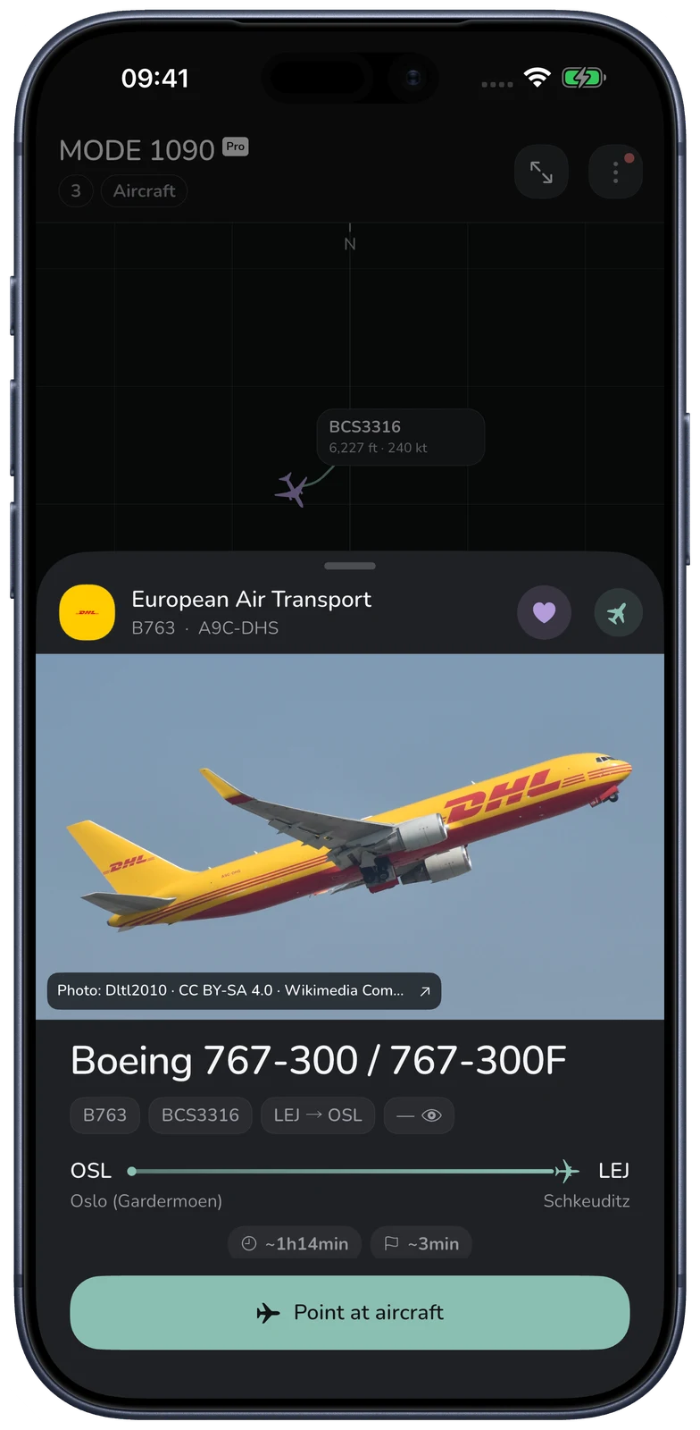 MODE 1090 aircraft details on iPhone 17 Pro Max