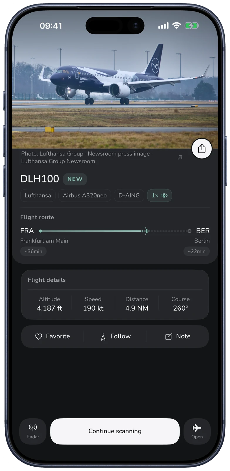 Flight details after identifying an aircraft