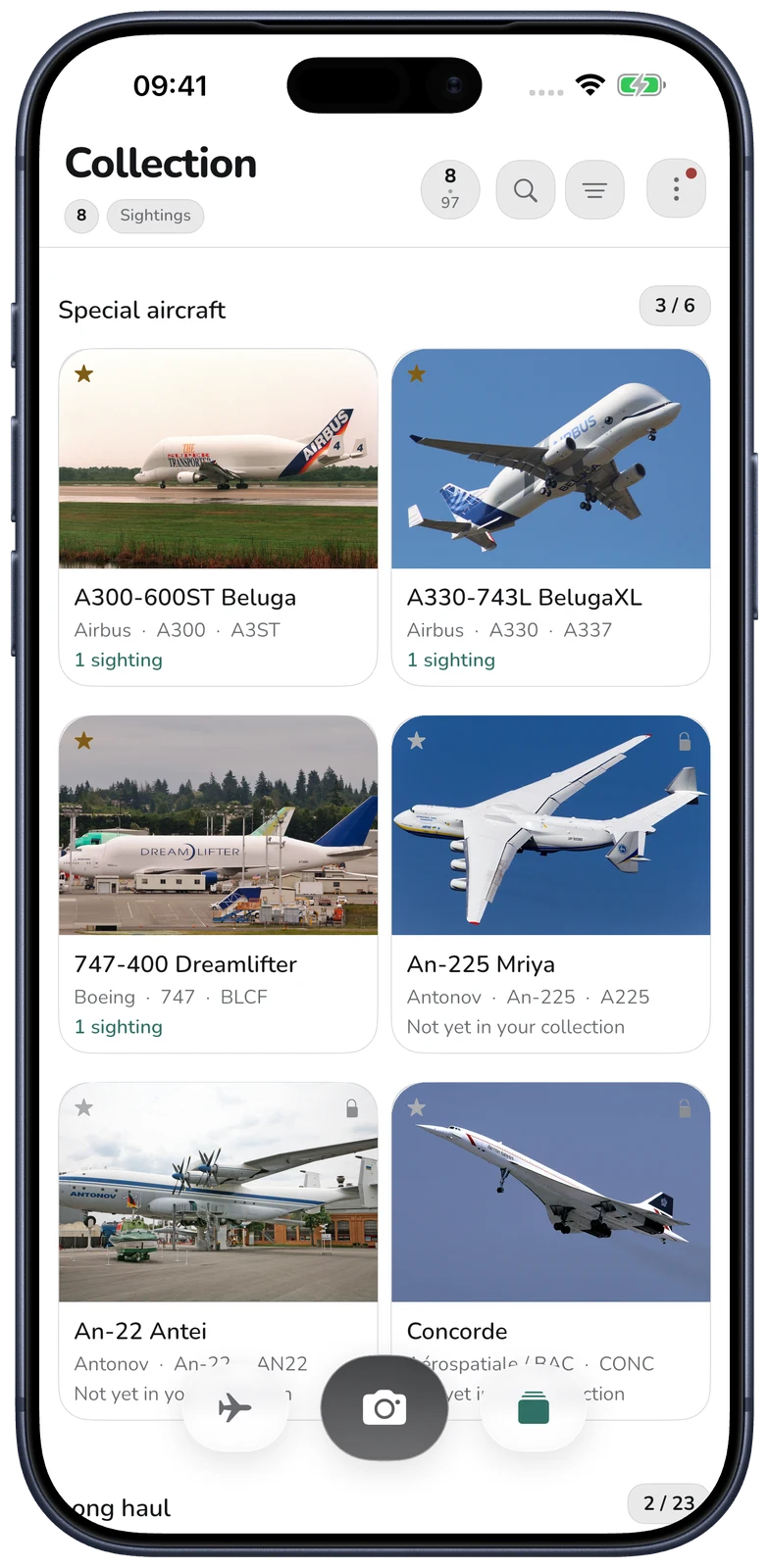 Collection of spotted aircraft types
