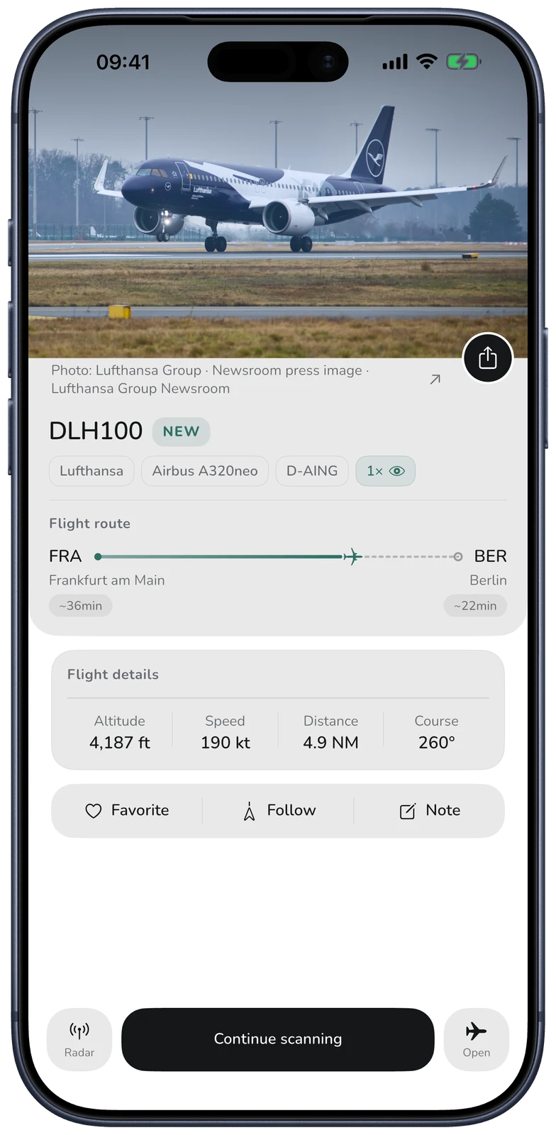 Flight details after identifying an aircraft